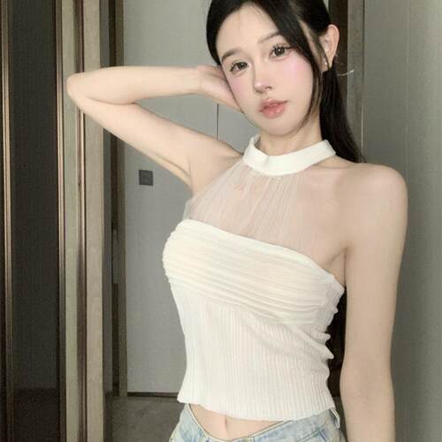 辣妹网纱挂脖吊带背心女夏季新款性感高腰露背抹胸打底无袖上衣潮