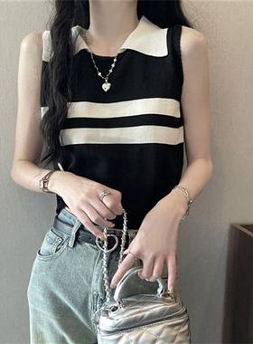 灰色美式学院风条纹针织衫POLO领套头背心女夏季新款短款外穿上衣