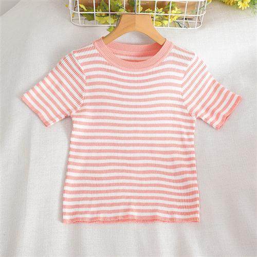 气质短袖t恤女夏季2024新款韩版ins修身显瘦撞色条纹短款外穿上衣
