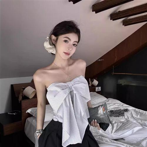 蝴蝶结白色条纹抹胸背心女夏季修身辣妹无袖裹胸短款露背上衣外穿