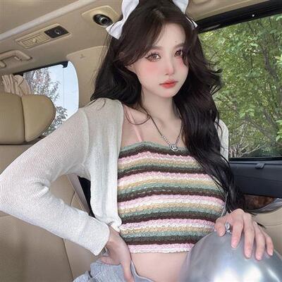 纯欲韩系2024夏季新款甜辣少女彩虹糖针织露背吊带背心女美背上衣