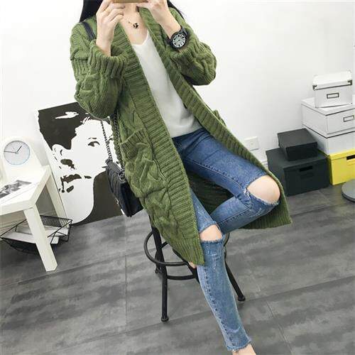 外贸爆款跨境毛衣女秋冬韩版宽松休闲麻花纯色口袋中长款针织开衫