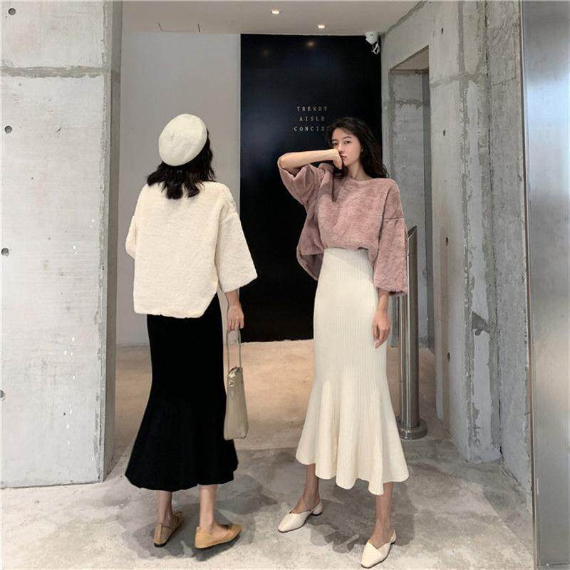 性感高腰春秋新款修身针织鱼尾包臀裙荷叶边纯色中长款半身裙女装