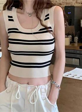 夏日新款显瘦绿色条纹针织衫吊带辣妹露肩背心女外穿无袖外穿上衣