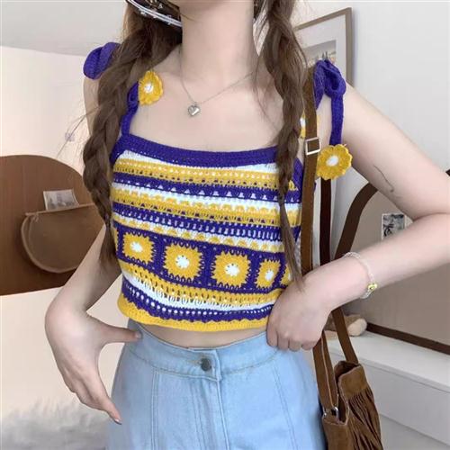 新款设计夏季短款花朵气质外穿上衣复古刺绣针织镂空吊带钩花背心