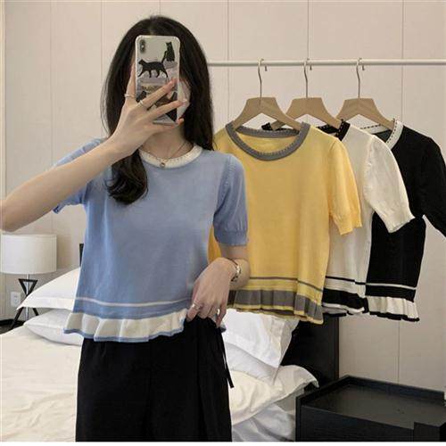 法式撞色花边短袖T恤上衣女2024夏季新款设计感小众修身显瘦正肩