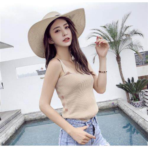 夏季新款韩版百搭纯色单排扣小吊带显瘦短款针织背心女潮