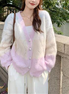 韩版秋冬撞色甜美针织开衫彩虹条纹拼色镂空领宽松上衣毛衣外套