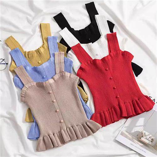 2024夏季新款木耳边吊带背心女高腰短款露脐荷叶边针织衫无袖上衣