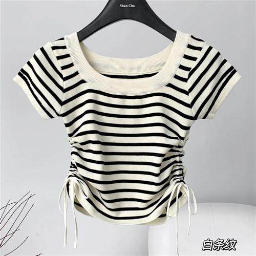 夏季撞色条纹抽绳收腰气质方领针织衫女修身显瘦短款正肩外穿上衣