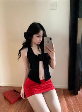 立体玫瑰花针织衫挂脖吊带背心女夏季甜辣妹性感黑色美背外穿上衣