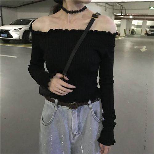 针织木耳边一字领长袖修身性感T恤上衣设计感小众春秋设计感打底