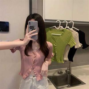 法式复古木耳边短款露脐恤女夏季洋气显瘦针织衫薄款短袖上衣潮