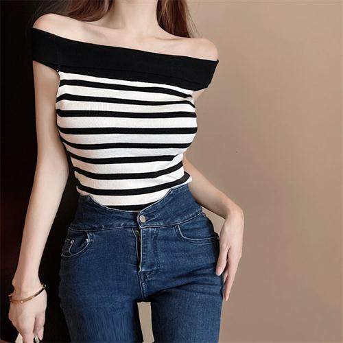 辣妹条纹短袖T恤女夏季设计感小众修身显瘦针织一字肩短款上衣服