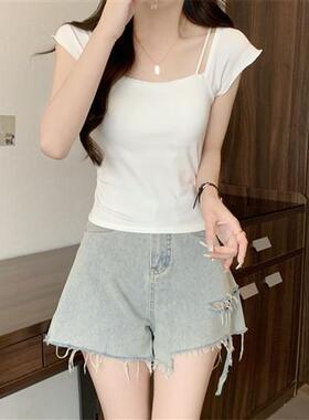 白色方领短款修身纯欲性感t恤女夏季设计感小众气质短袖上衣外穿