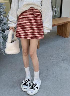 千鸟时尚气质复古半身裙红色格子秋冬秋冬季高腰新款显瘦毛呢短裙