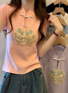 新中式国风盘扣白色短袖恤夏季刺绣设计感收腰显瘦修身短款上衣