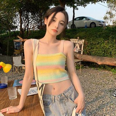 2024春夏新款少女渐变色彩虹条纹高腰短款小吊带背心打底衫上衣女