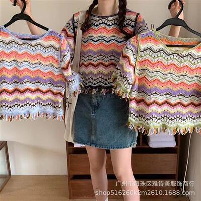 夏季流苏彩虹条纹慵懒风设计感甜美提花针织衫女宽松显瘦短袖上衣