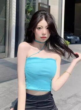 夏季湖蓝色新款性感纯欲风抹胸吊带背心设计修身辣妹短款打底上衣