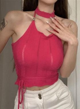 梅红色性感吊带女夏季新款显胸挂脖背心短款外穿露背辣妹无袖上衣