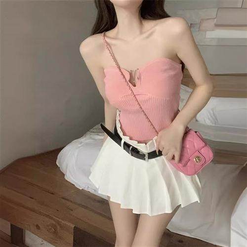 纯色U领针织抹胸背心女夏装新款短款修身一字肩露脐性感简约上衣