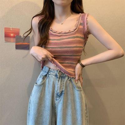 彩虹色条纹木耳边吊带背心女设计感甜辣妹洋气抹胸无袖别致上衣潮