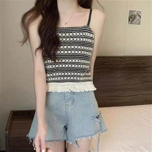 复古撞色条纹流苏吊带背心女夏季设计感小众新款辣妹气质短款上衣