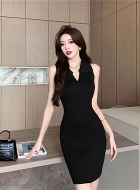 港风复古V领针织包臀裙夏季气质黑色无袖短裙御姐性感挂脖连衣裙