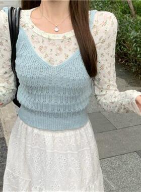 2024夏季时尚气质温柔风蓝色针织衫吊带女小个子镂空纯欲外穿上衣