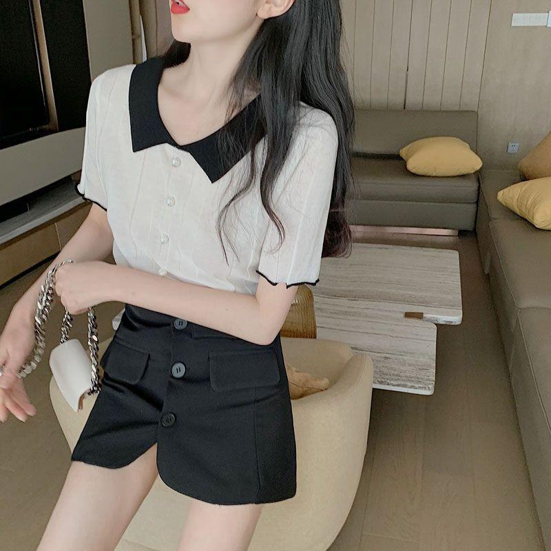 夏季时尚学院风针织短袖薄款娃娃领上衣polo小衫新款女修身T恤ins