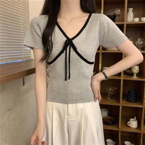 韩系撞色蝴蝶结绑带针织衫女2024夏季新款时尚设计感修身显瘦上衣