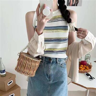 彩虹条纹无袖针织吊带背心女夏季法式甜辣妹短款修身内搭外穿上衣