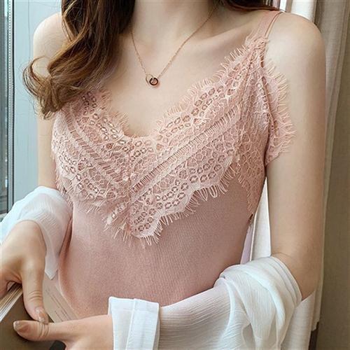新款性感气质蕾丝花边女纯欲风吊带背心打底无袖针织修身短款上衣
