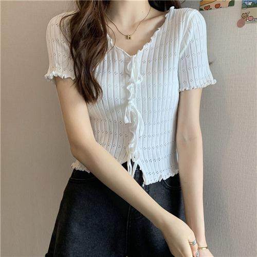 木耳边短袖T恤女夏季薄款冰丝针织衫设计感系带绑带短款甜辣上衣
