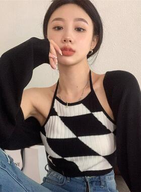 2023吊带辣妹女夏季设计感小众欧美上衣短款性感美背外穿黑色挂脖