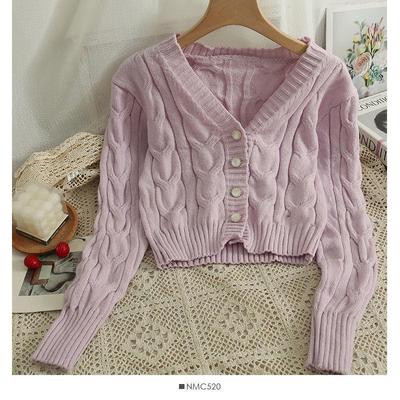 盐系奶油色甜美韩版新款麻花外套短款上衣秋季2024针织衫显瘦长袖