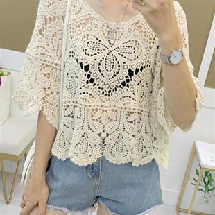 配吊带裙的罩衫夏季短款套头针织镂空勾花百搭蕾丝上衣女