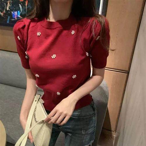 时尚气质小香风针织衫短袖T恤女夏泡泡袖设计感小众洋气辣妹上衣