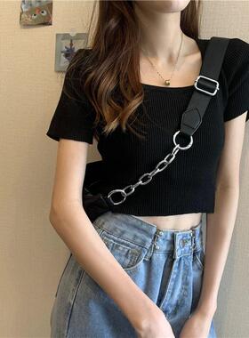 洋气露脐黑色打底衫短袖ins潮夏季新款针织t恤女甜辣短款锁骨上衣