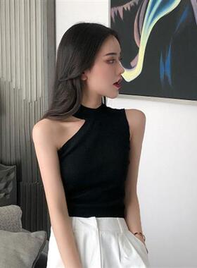 针织吊带背心女洋气性感外穿斜肩打底黑色无袖不规则露肩挂脖上衣