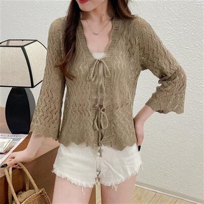 实拍蝴蝶结系带针织开衫女小披肩夏季薄款外搭短款防晒衫