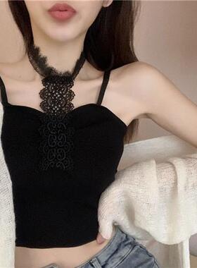 御姐系性感蕾丝拼接小吊带背心新款修身美背黑色针织打底短款上衣