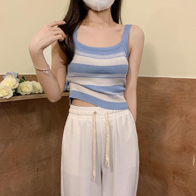 韩版辣撞色条纹针织吊带背心女夏季新款冰丝高腰露脐短款无袖上衣