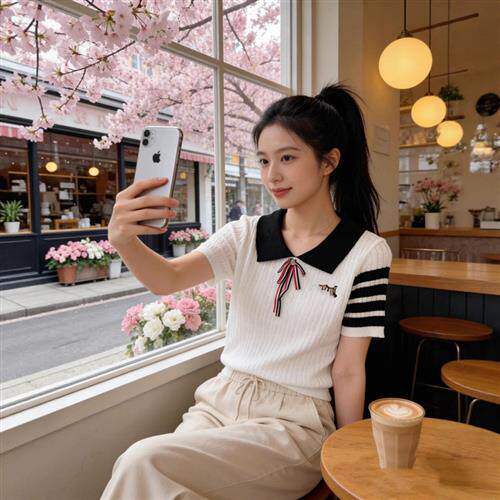 新品甜美减龄纯欲织带蝴蝶结刺绣翻领学院麻花针织短袖恤女