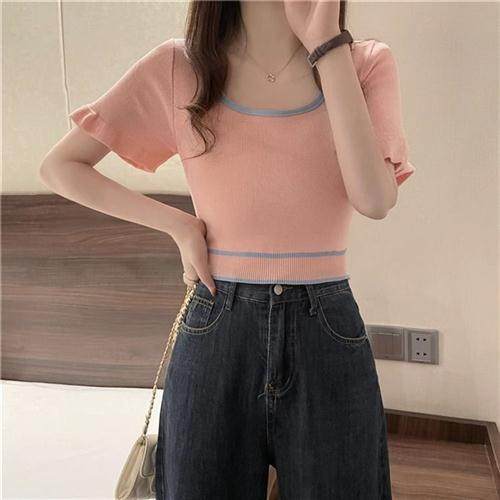 气质温柔方领T恤女夏季新款淑女粉色短款套头衫木耳边短袖上衣潮