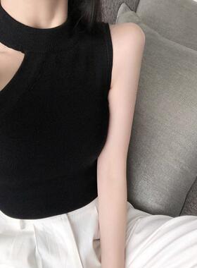 针织吊带背心女洋气性感外穿斜肩打底黑色无袖不规则露肩挂脖上衣