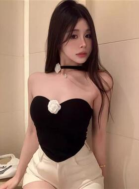 黑色花朵抹胸背心女夏季辣妹修身显瘦性感不规则内搭短款上衣外穿