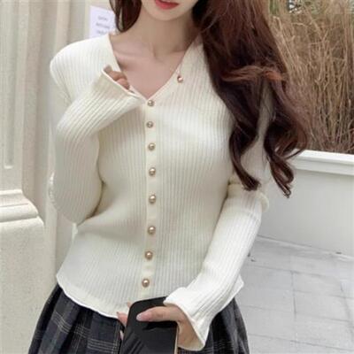 设计感领喇叭长袖针织上衣春季新款女气质安迪绒领开衫外套