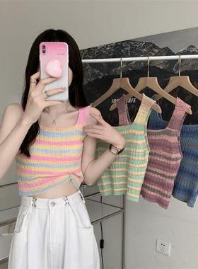 绿色条纹吊带女夏季新款甜辣风方领撞色彩虹条纹背心女无袖上衣潮